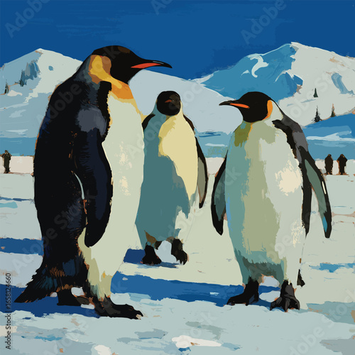 Penguins Walking Together Design Template with Snowy Mountain Background
