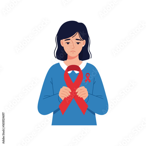 A sad young woman in a blue sweater holds a large red ribbon a symbol for HIV and AIDS awareness.