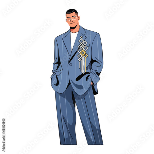 Stylish young man in an oversized blue pinstripe suit with a decorative geometric brooch.