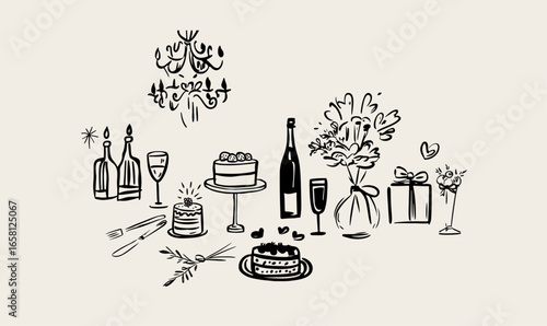 Minimalist hand drawn food and drink vector illustration. Wine, champagne glass, cheese, cake drawings for wedding invitations, menus and parties. Ink doodle sketch style