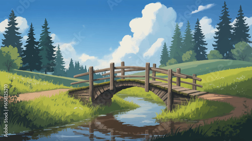 wooden bridge over stream in lush green countryside, scenic summer landscape with forest trees, blue sky, and peaceful nature