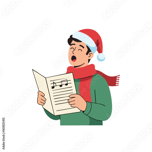 Young man in a Santa hat and red scarf singing Christmas carols from a songbook.