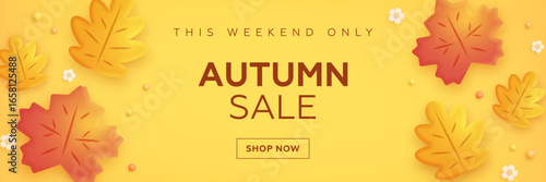 Hello autumn sale horizontal banner design template with realistic 3d autumn leaves on yellow background. Autumn discount billboard. Vector illustration