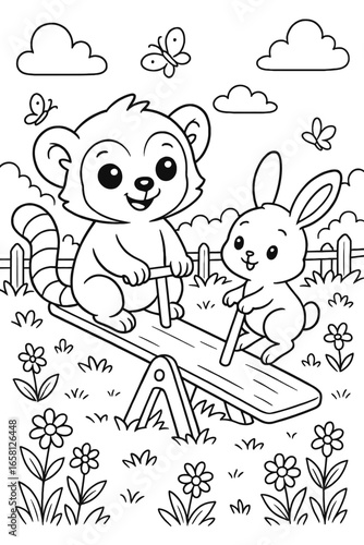 Cheerful raccoon and bunny share a seesaw ride in a playful outdoor scene