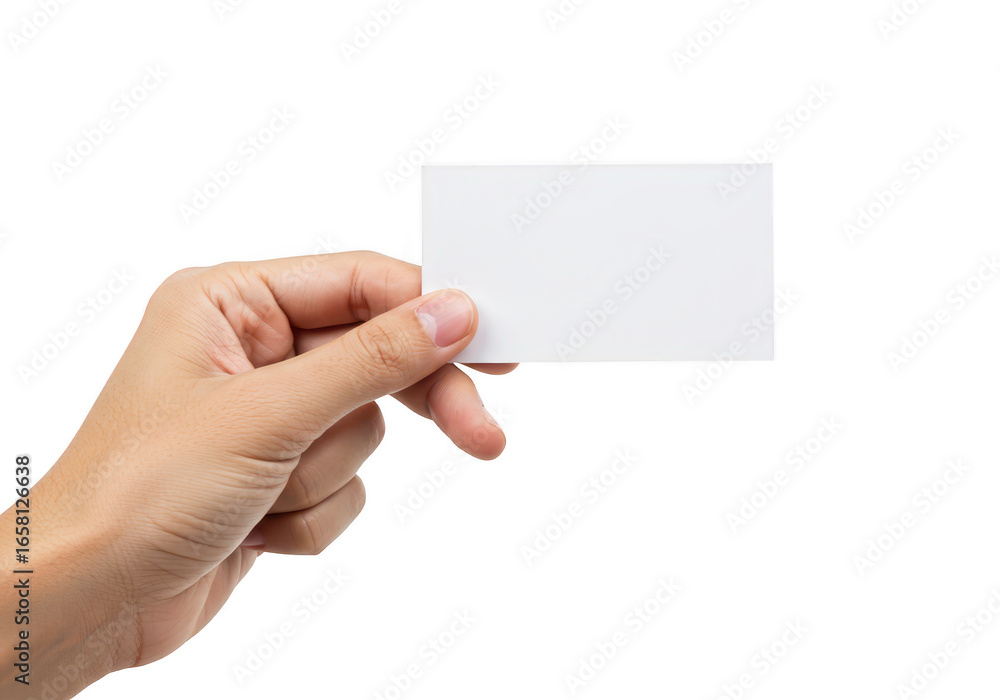 Hand holding a blank white business card isolated on transparent background Hand holding a blank white business card isolated on transparent background