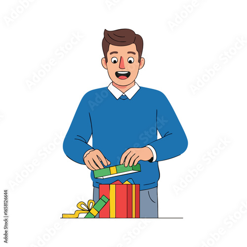 A surprised young man in a blue sweater excitedly opening a colorful red gift box.