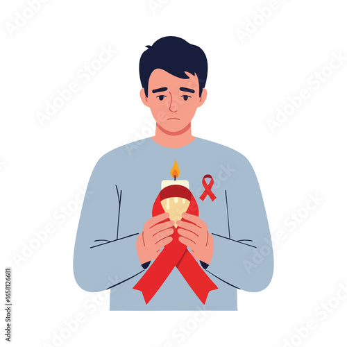 A sorrowful man holds a memorial candle wrapped in a red HIV awareness ribbon.