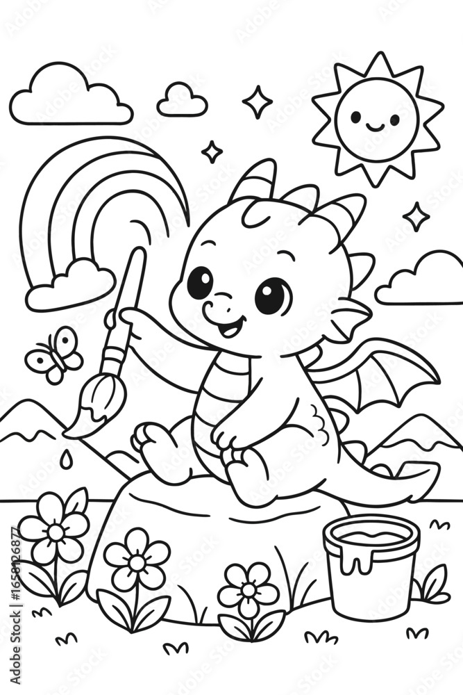 Fototapeta premium Adorable baby dragon painting a rainbow illustration with sun and clouds