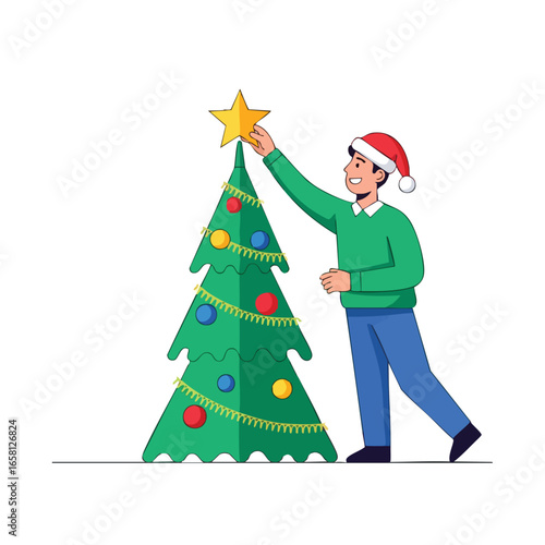 Happy young man in a Santa hat putting a star on top of a decorated Christmas tree.