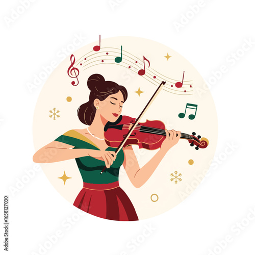 Elegant woman in a festive green and red dress playing a classical violin melody.