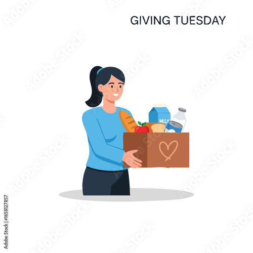 Young female volunteer holding a cardboard box filled with food for a Giving Tuesday charity drive.