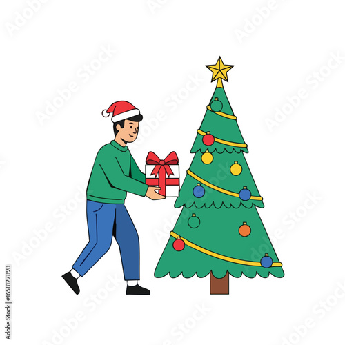 A young man in a Santa hat places a gift under a decorated Christmas tree.