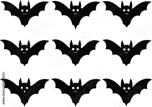 A Spooky Pattern of Nine Black Bats with Friendly Faces on a White Background