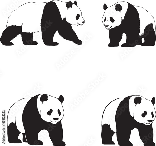 Wallpaper Mural "Set of 4 Panda Silhouettes | Stylized Black & White Wildlife Icons in Playful Poses" Torontodigital.ca