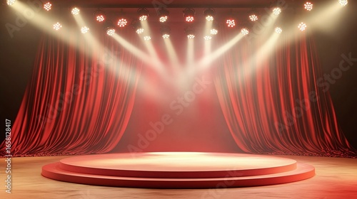 Empty stage with red curtains and spotlights.