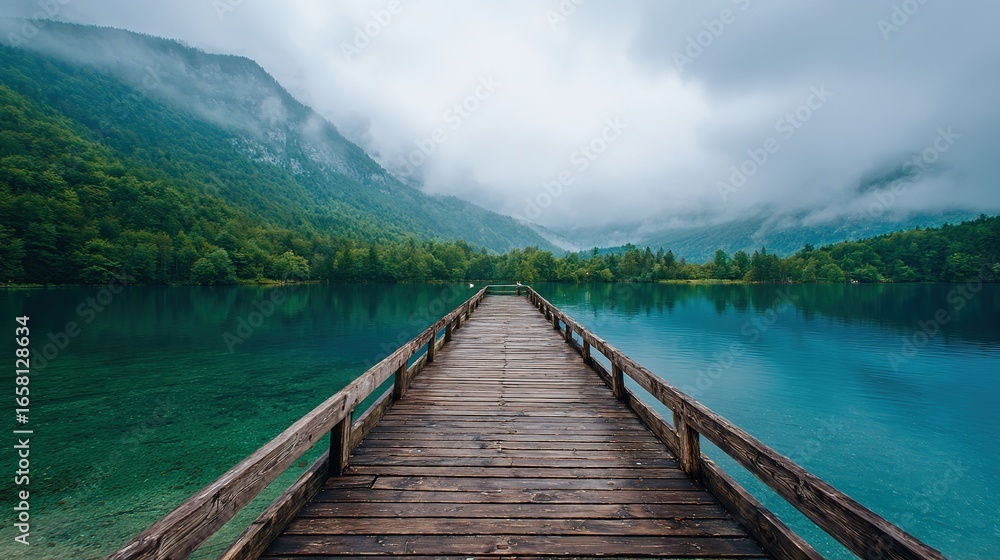 Naklejka premium Mystic Fog-Enveloped Lake: Long Wooden Pier Amidst Emerald Blue Waters and Green Mountains