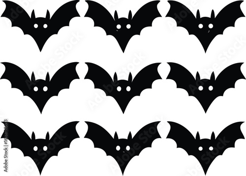 A Repeating Pattern of Black Silhouetted Bats with White Eyes on a White Background