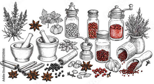 Vintage style herbal and spice collection with jars and grinders