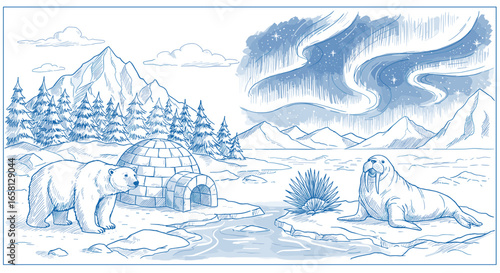Arctic wildlife scene with polar bear and walrus under northern lights in sketch style