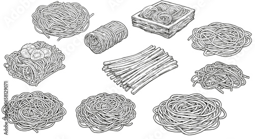 Hand drawn variety of noodles in black and white art style