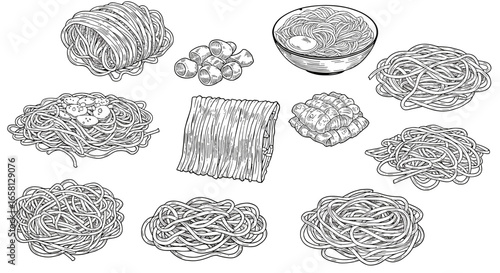 Variety of hand drawn noodles in monochrome line art collection