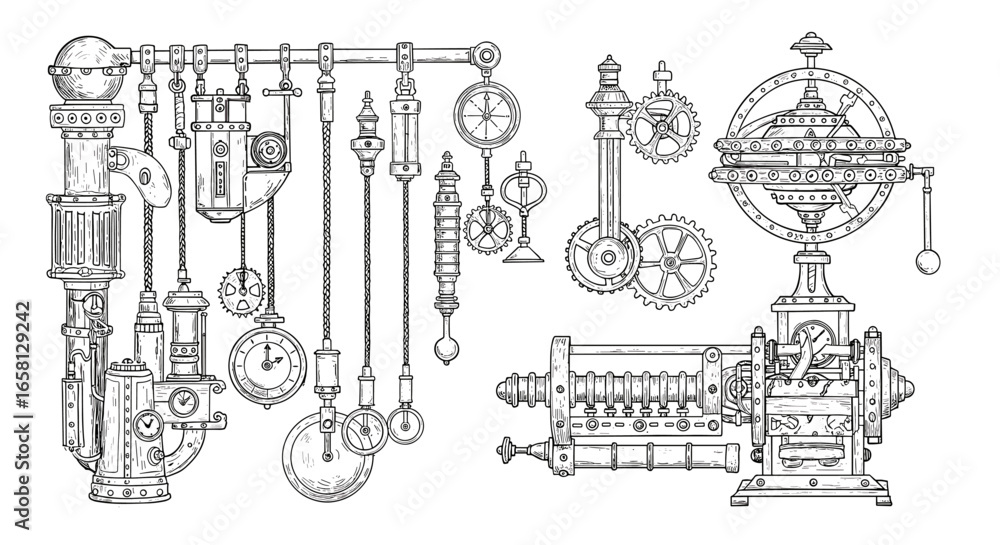 Obraz premium Intricate steampunk mechanical design featuring gears and pipes in detailed line art