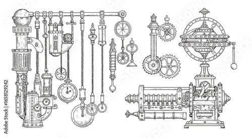 Intricate steampunk mechanical design featuring gears and pipes in detailed line art