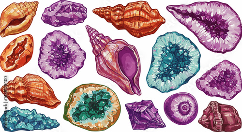 Colorful collection of seashells and gemstones in detailed watercolor art