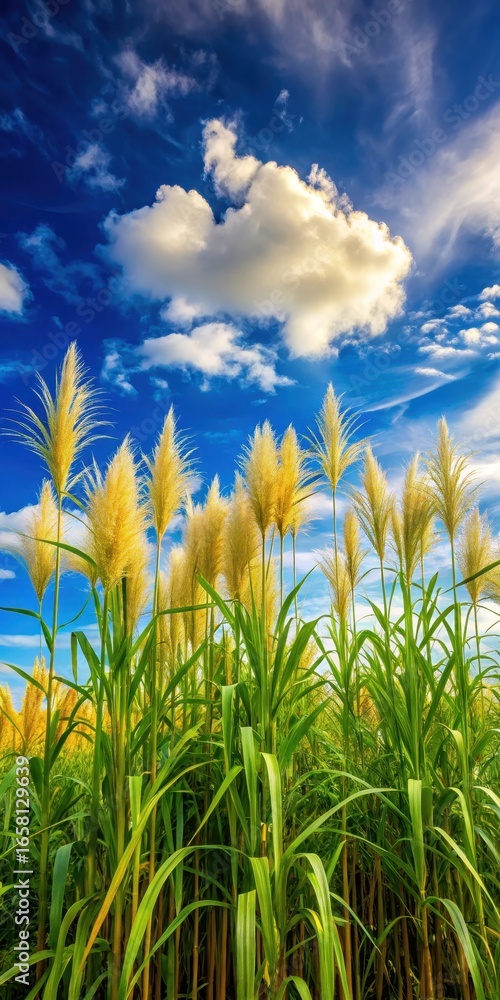 Obraz premium Mature sugarcane plants with ripe golden stalks swaying in the breeze amidst lush green foliage