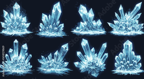 Glowing ice crystals collection on dark background