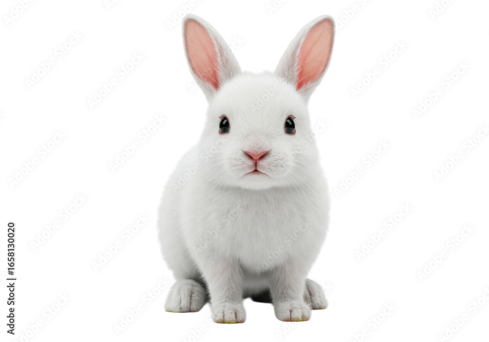 A cute and fluffy white baby rabbit sitting and looking forward, isolated on a transparent background A cute and fluffy white baby rabbit sitting and looking forward, isolated on a transparent background