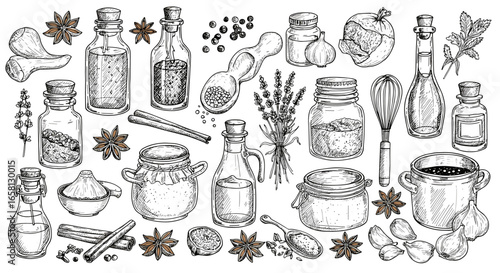Hand drawn culinary herbs and spices with kitchen tools