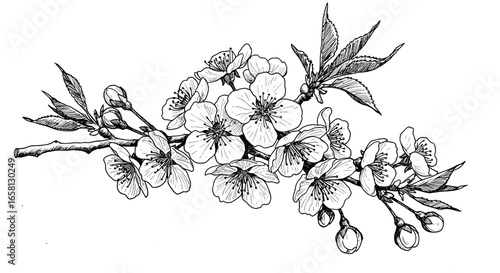 Elegant floral line art of blossoming cherry branch with detailed leaves