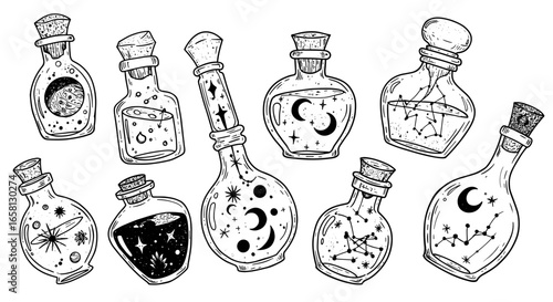 Mystical potion bottles with celestial and astrological designs
