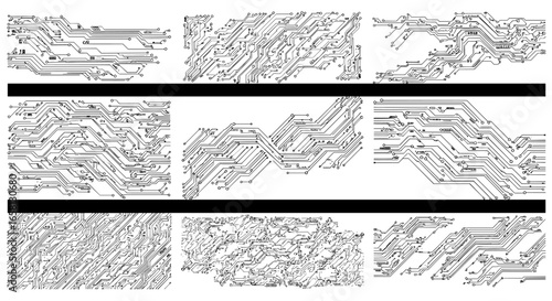 Abstract circuit board designs with geometric patterns and technology themes