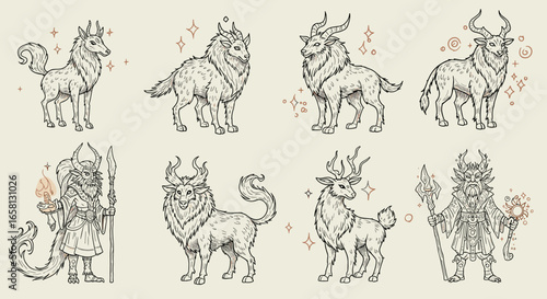 Mythical beasts and wizards in hand-drawn fantasy style