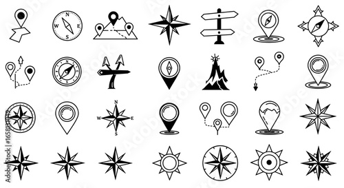 Monochrome navigational icons: compasses, maps, and location pins