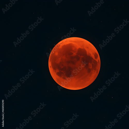 Red blood moon during lunar eclipse against dark night sky with stars