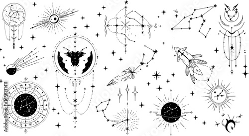 Celestial symbols and constellations collection in minimalist style for mystical designs