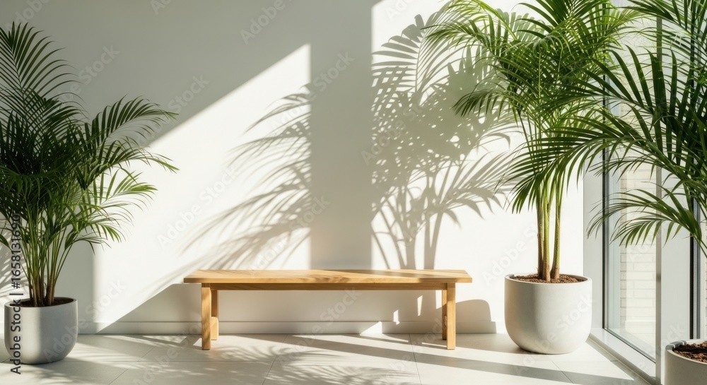 Fototapeta premium Sunlit indoor space with potted palm trees and wooden bench