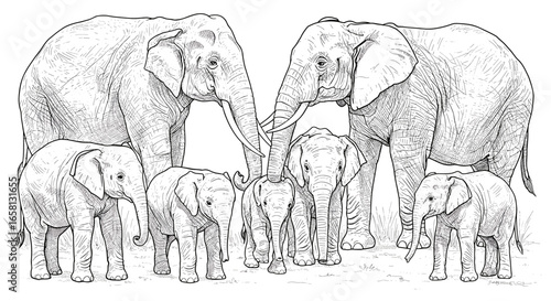 Detailed line art of elephant family in natural habitat