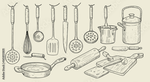 Hand drawn kitchen utensils set with vintage style for culinary creativity