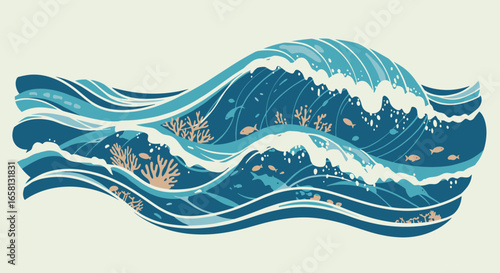 Surreal ocean waves with coral and fish in stylized abstract design