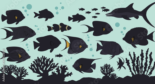 Diverse marine life silhouettes featuring tropical fish and coral in ocean scene