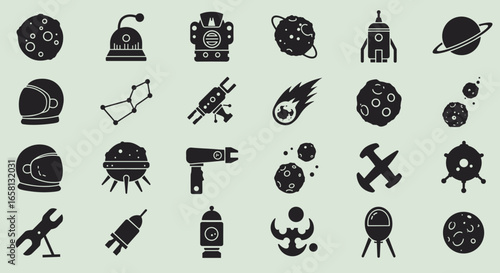 Space exploration icons: retro silhouettes of rockets, astronauts, and celestial bodies