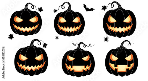 Spooky jack-o'-lanterns and creepy crawlers: halloween pumpkin faces with bat and spider designs