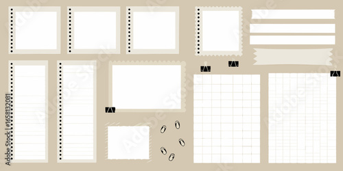 Collection of Blank Paper Notes and Stationery Elements on Beige Background paper scraps journaling
