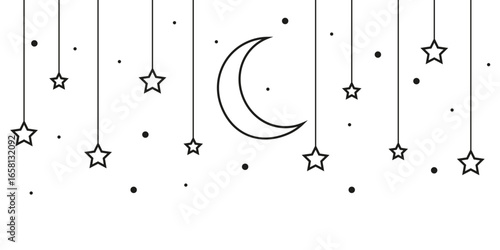 Minimalistic black and white vector illustration of stars and moon