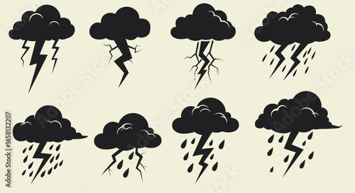 Silhouette storm cloud and lightning icons set for weather design