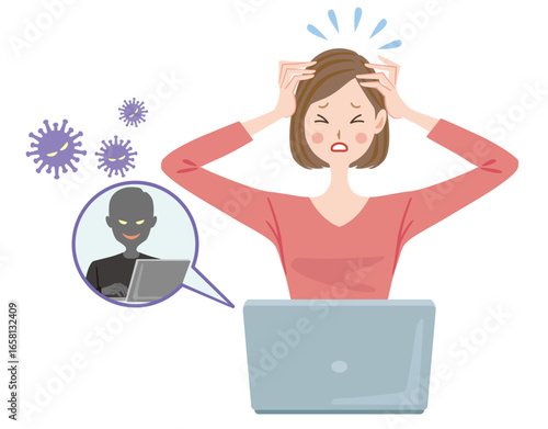 パソコンの不正アクセスの被害にあった女性のイラスト　詐欺　犯罪
